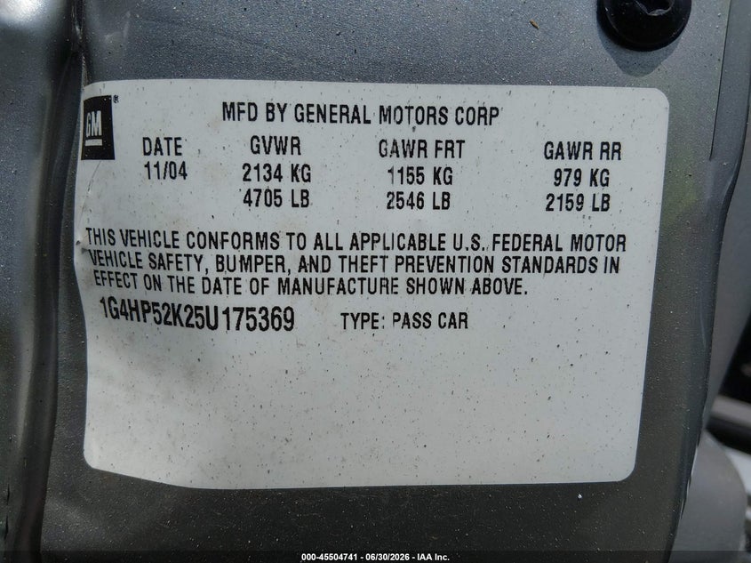 2005 Buick Lesabre Custom VIN: 1G4HP52K25U175369 Lot: 45504741