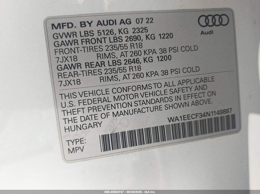 2022 Audi Q3 Premium Plus 45 Tfsi S Line Quattro Tiptronic VIN: WA1EECF34N1149887 Lot: 45504747