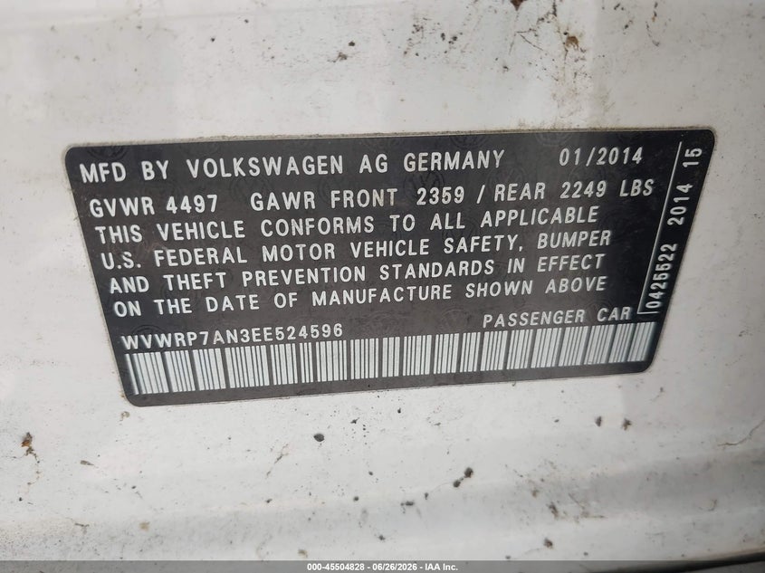 2014 Volkswagen Cc 2.0T Executive VIN: WVWRP7AN3EE524596 Lot: 45504828