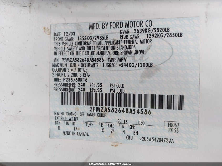 2004 Ford Freestar Limited VIN: 2FMZA58264BA54586 Lot: 45504841