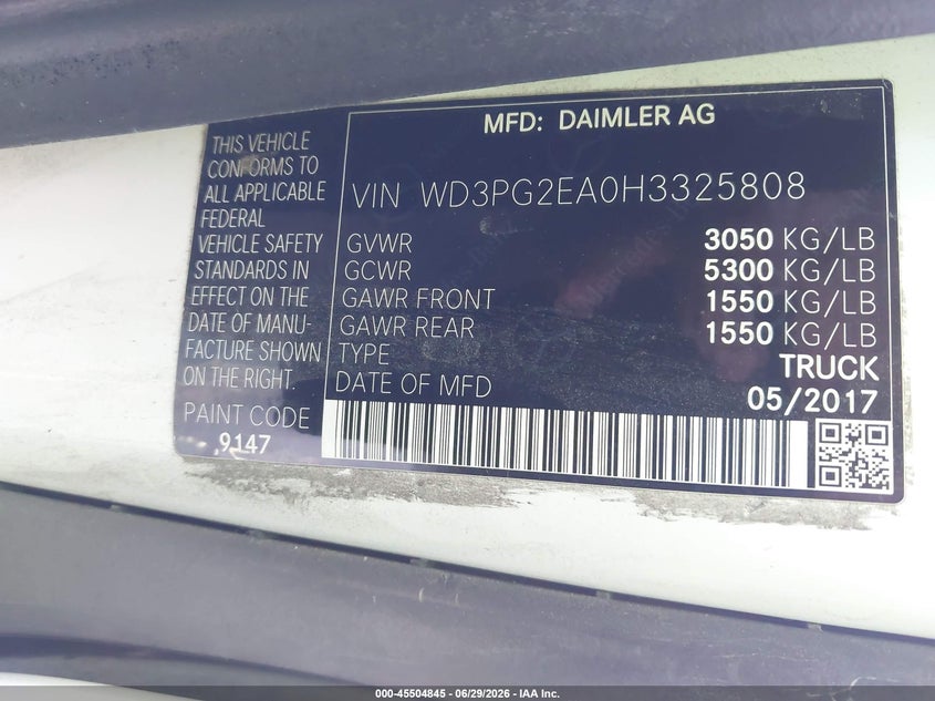 2017 Mercedes-Benz Metris VIN: WD3PG2EA0H3325808 Lot: 45504845