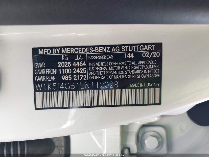 2020 Mercedes-Benz Cla 250 VIN: W1K5J4GB1LN112028 Lot: 45504852