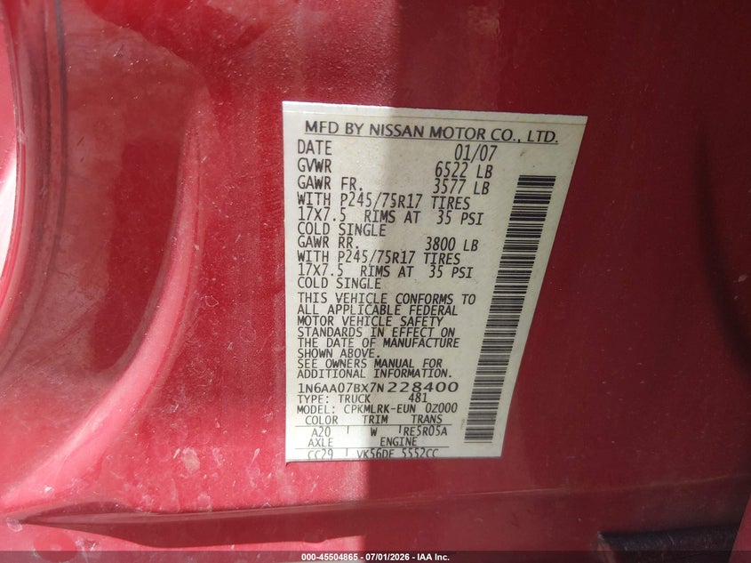 2007 Nissan Titan Xe VIN: 1N6AA07BX7N228400 Lot: 45504865