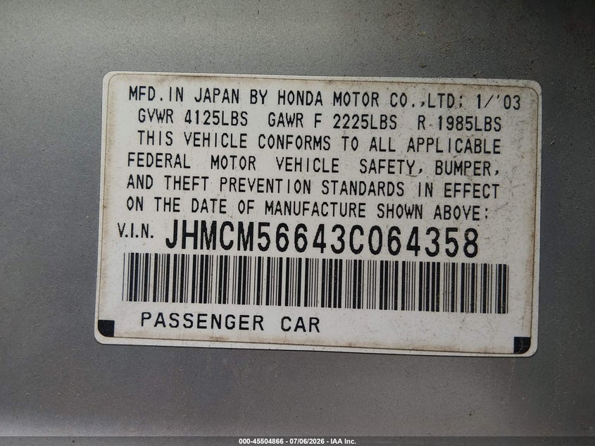 2003 HONDA ACCORD SEDAN 2.4L I-4 DOHC, VVT, 160HP