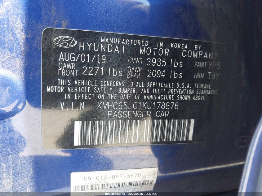2019 Hyundai Ioniq Hybrid Blue VIN: KMHC65LC1KU178876 Lot: 45504874