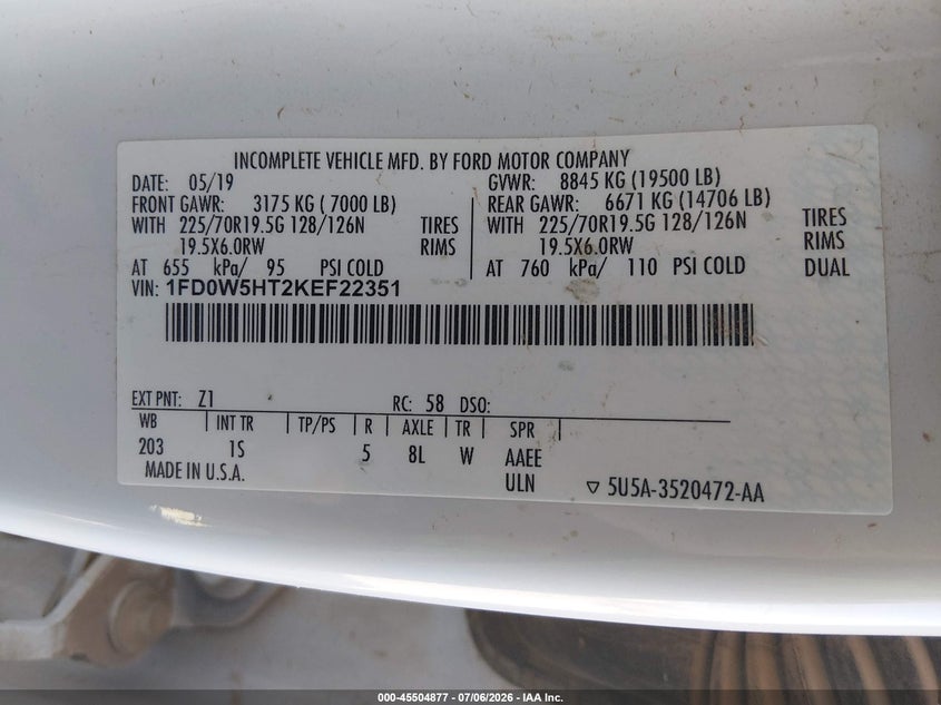 2019 Ford F-550 Chassis Lariat/Xl/Xlt VIN: 1FD0W5HT2KEF22351 Lot: 45504877