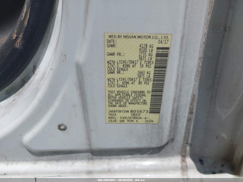 2017 Nissan Nv Cargo Nv2500 Hd S V6 VIN: 1N6BF0KY1HN805673 Lot: 45504951