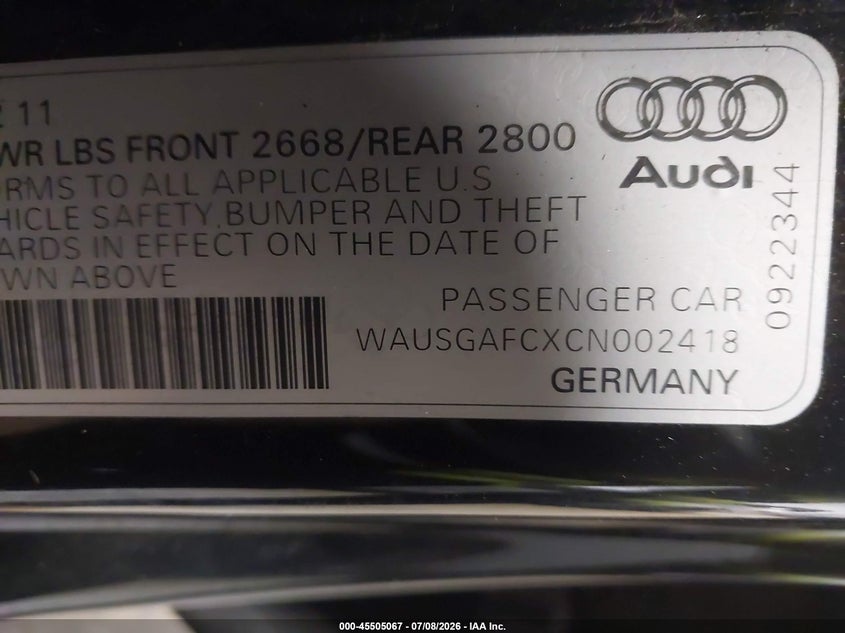 2012 Audi A7 3.0 Prestige VIN: WAUSGAFCXCN002418 Lot: 45505067