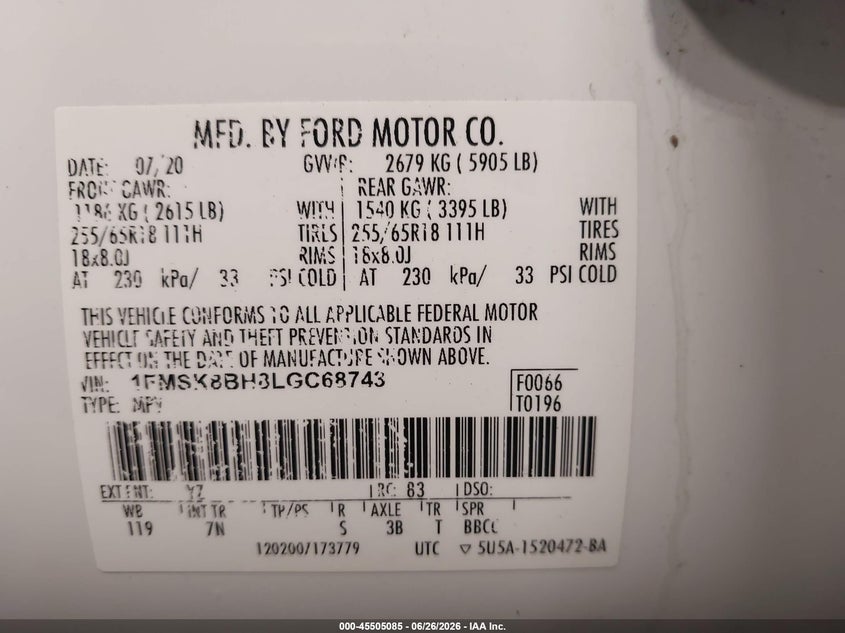 2020 Ford Explorer VIN: 1FMSK8BH8LGC68743 Lot: 45505085