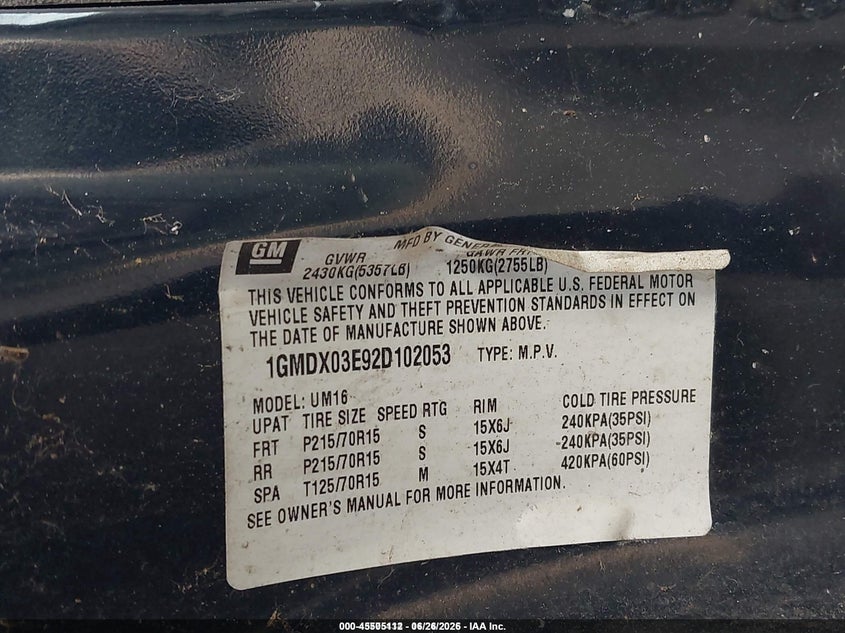 2002 Pontiac Montana M16 W/1Sa Pkg. VIN: 1GMDX03E92D102053 Lot: 45505112