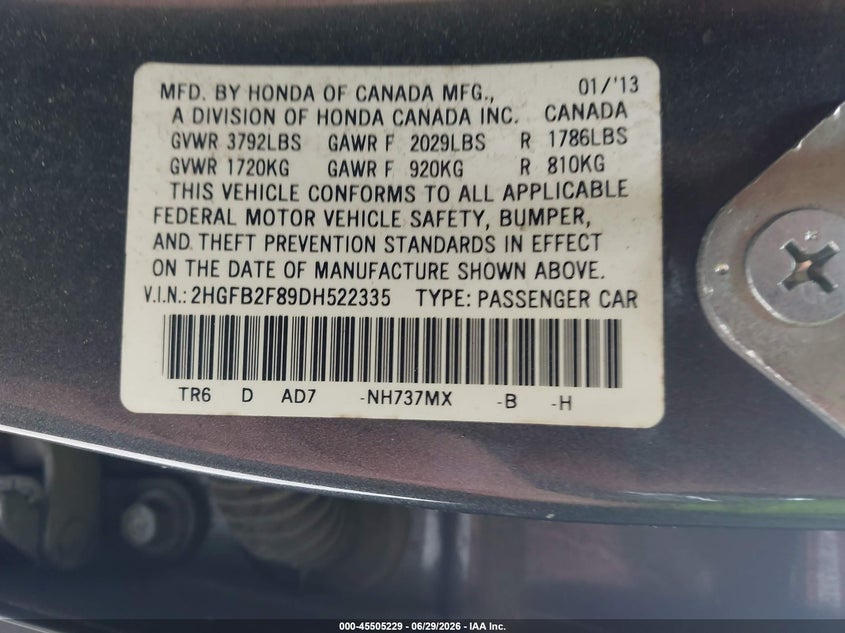 2013 HONDA CIVIC SEDAN 1.8L I-4 VVT, 140HP