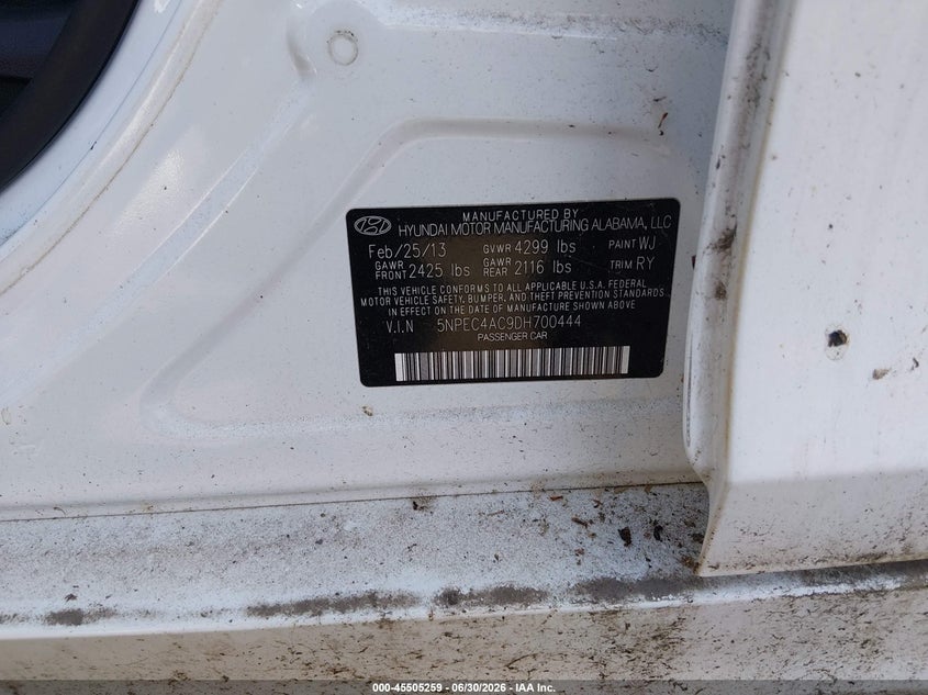 2013 HYUNDAI SONATA SEDAN 2.4L I-4 DI, DOHC, VVT, 190HP