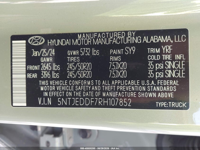 2024 Hyundai Santa Cruz Limited VIN: 5NTJEDDF7RH107852 Lot: 45505285