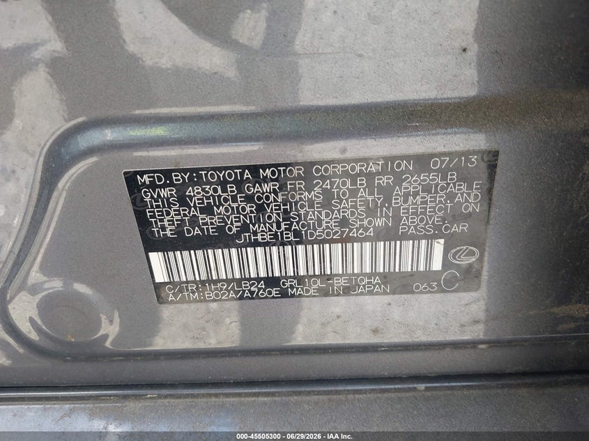 2013 Lexus Gs 350 VIN: JTHBE1BL1D5027464 Lot: 45505300