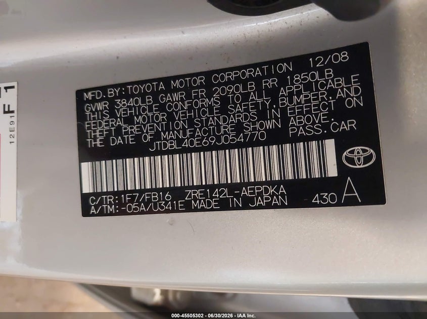 TOYOTA COROLLA 2009 VIN JTDBL40E69J054770