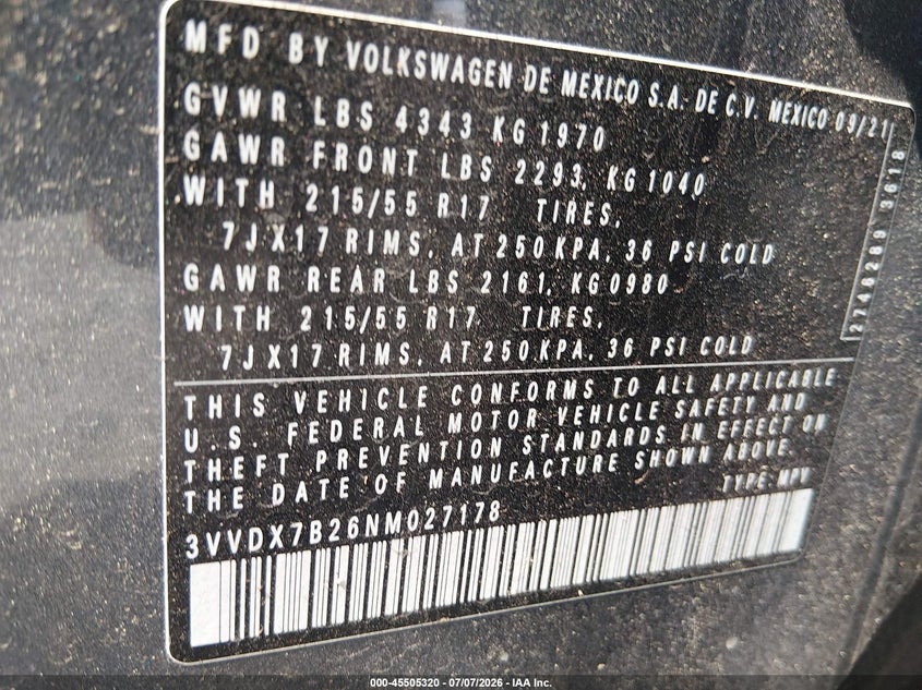 2022 Volkswagen Taos 1.5T S VIN: 3VVDX7B26NM027178 Lot: 45505320