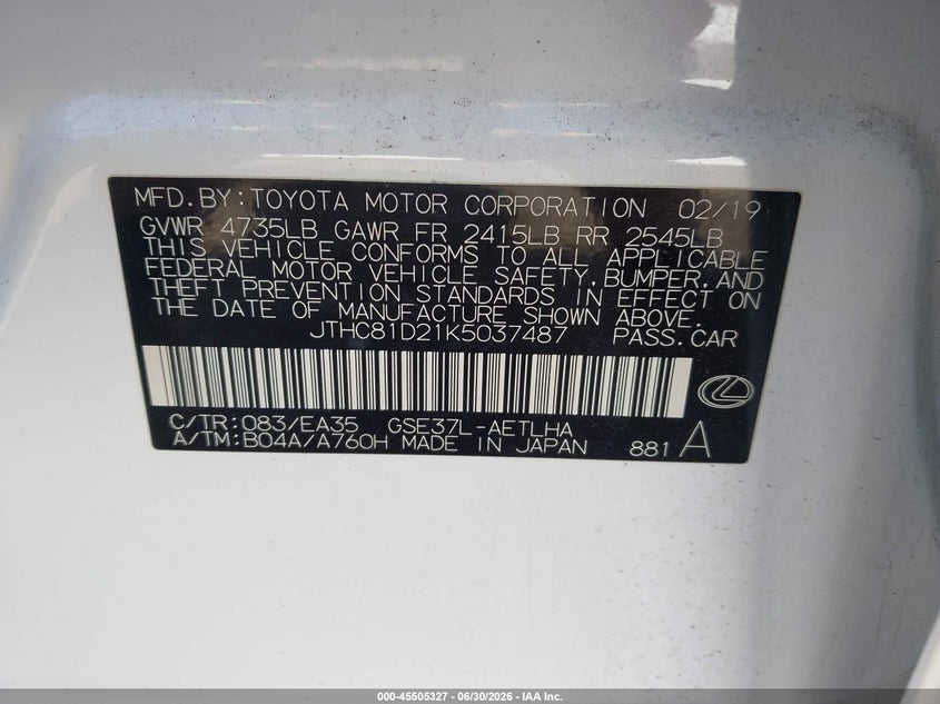 LEXUS IS 300 2019 VIN JTHC81D21K5037487