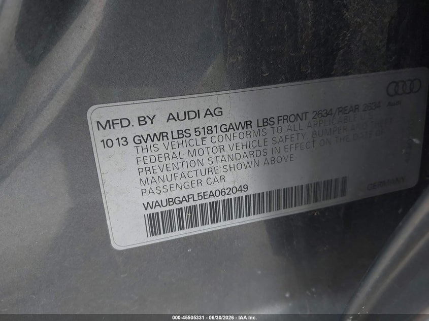 2014 Audi S4 3.0T Premium Plus VIN: WAUBGAFL5EA062049 Lot: 45505331
