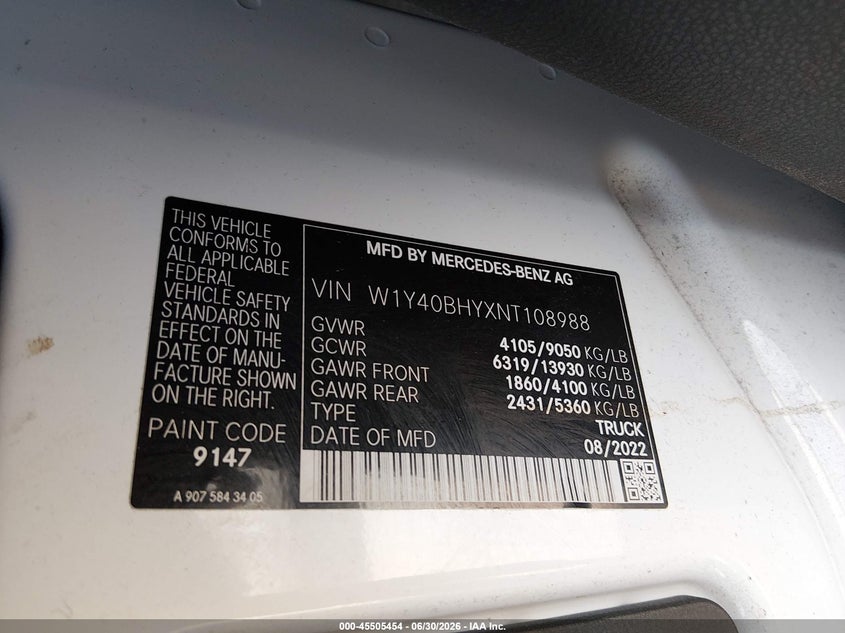 2022 Mercedes-Benz Sprinter 2500 Standard Roof I4 VIN: W1Y40BHYXNT108988 Lot: 45505454