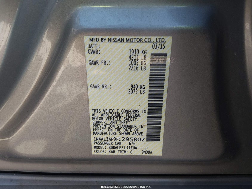 2015 NISSAN ALTIMA SEDAN 2.5L I-4 DOHC, VVT, 182HP
