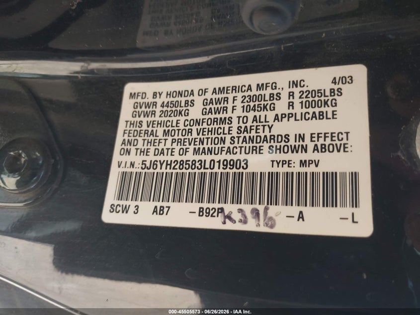 2003 Honda Element Ex VIN: 5J6YH28583L019903 Lot: 45505573