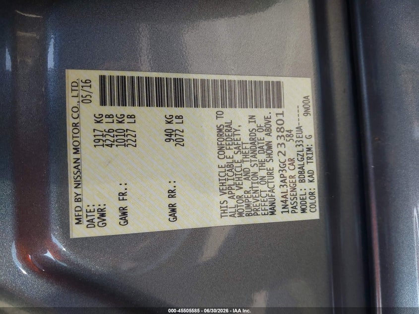 NISSAN ALTIMA 2016 VIN 1N4AL3AP3GC233801