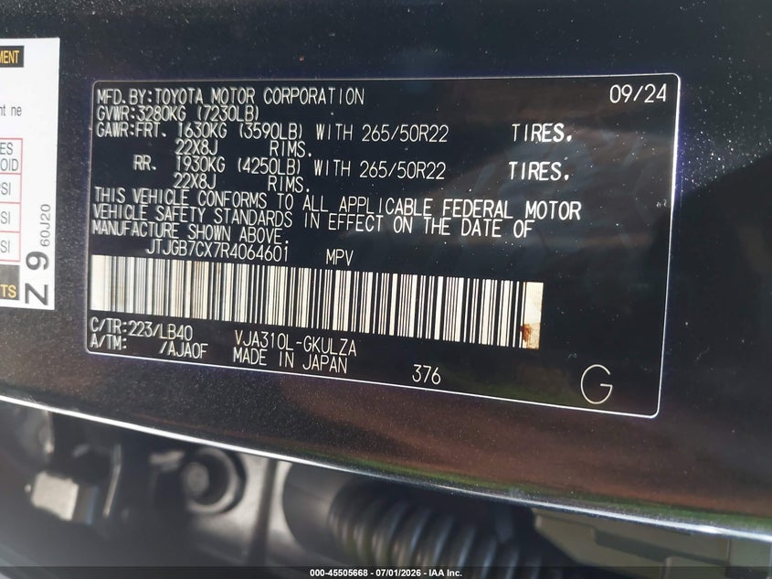 2024 Lexus Lx 600 Luxury VIN: JTJGB7CX7R4064601 Lot: 45505668