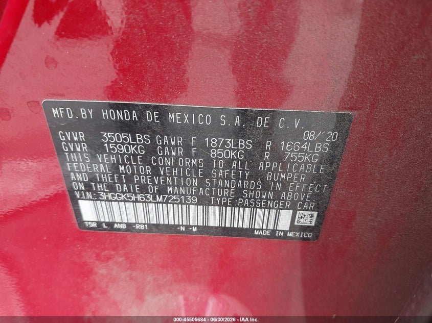 HONDA FIT 2020 VIN 3HGGK5H63LM725139