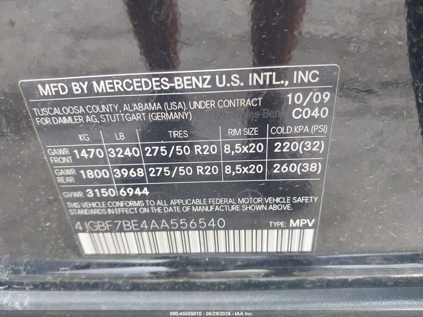 2010 Mercedes-Benz Gl 450 4Matic VIN: 4JGBF7BE4AA556540 Lot: 45505810
