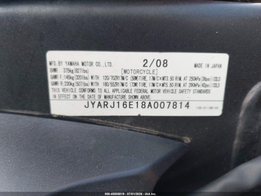 2008 Yamaha Yzfr6 VIN: JYARJ16E18A007814 Lot: 45505819