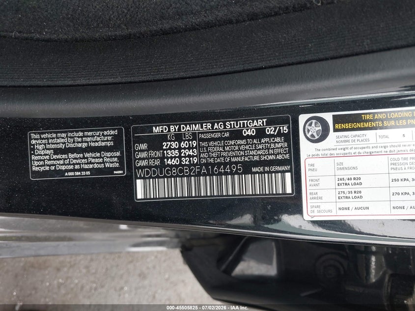 2015 Mercedes-Benz S 550 VIN: WDDUG8CB2FA164495 Lot: 45505825