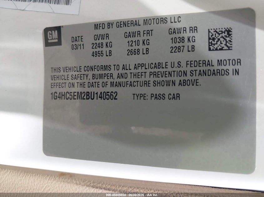 2011 Buick Lucerne Cxl VIN: 1G4HC5EM2BU140562 Lot: 45505854