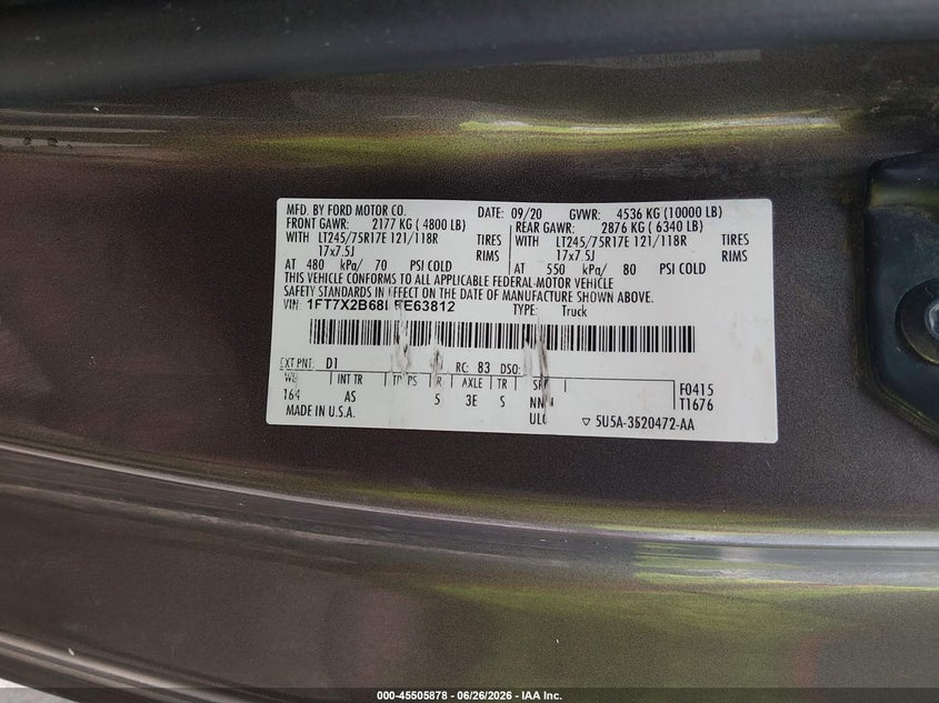 2020 FORD F250 PICKUP 6.2L V-8 VVT, 385HP