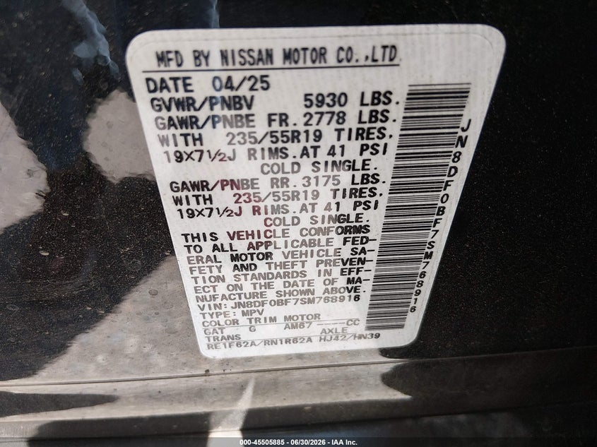 2025 Nissan Ariya Evolve+ VIN: JN8DF0BF7SM768916 Lot: 45505885