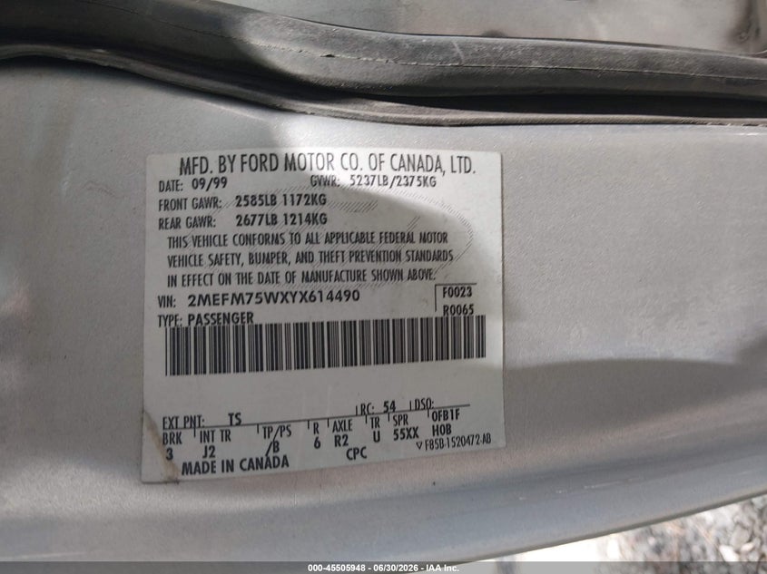 2000 Mercury Grand Marquis Ls VIN: 2MEFM75WXYX614490 Lot: 45505948