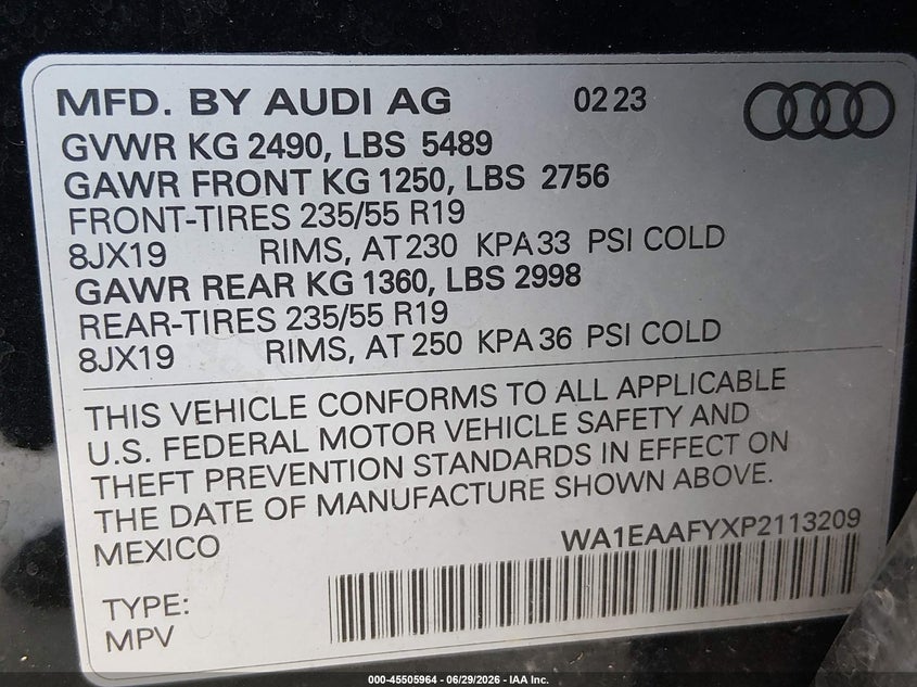 AUDI Q5 2023 VIN WA1EAAFYXP2113209