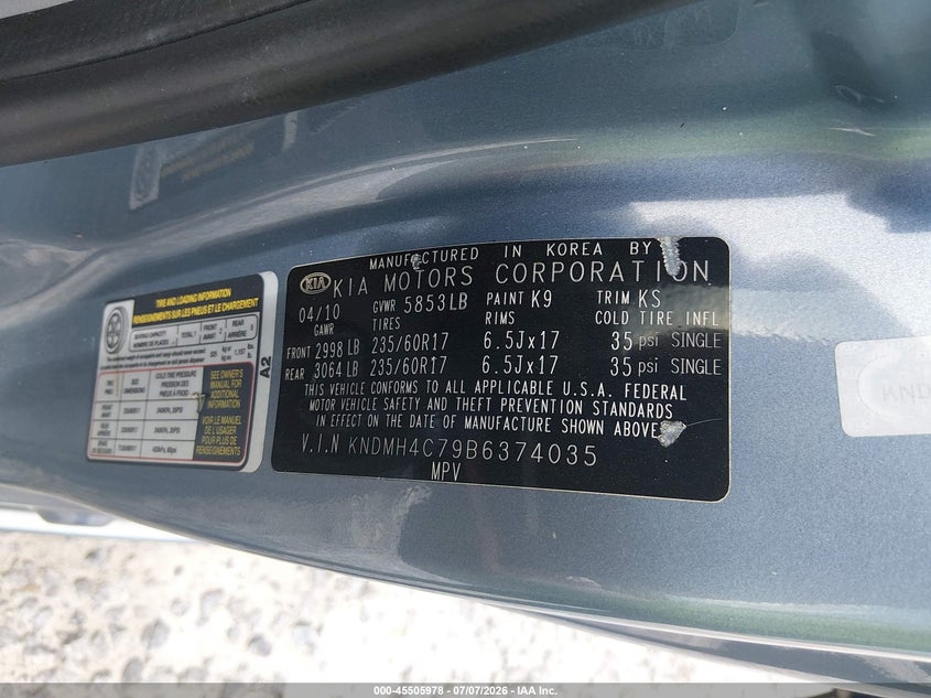2011 Kia Sedona Ex VIN: KNDMH4C79B6374035 Lot: 45505978