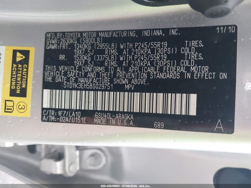 2011 TOYOTA HIGHLANDER SPORT UTILITY VEHICLE 3.5L V-6 DOHC, VVT, 270HP