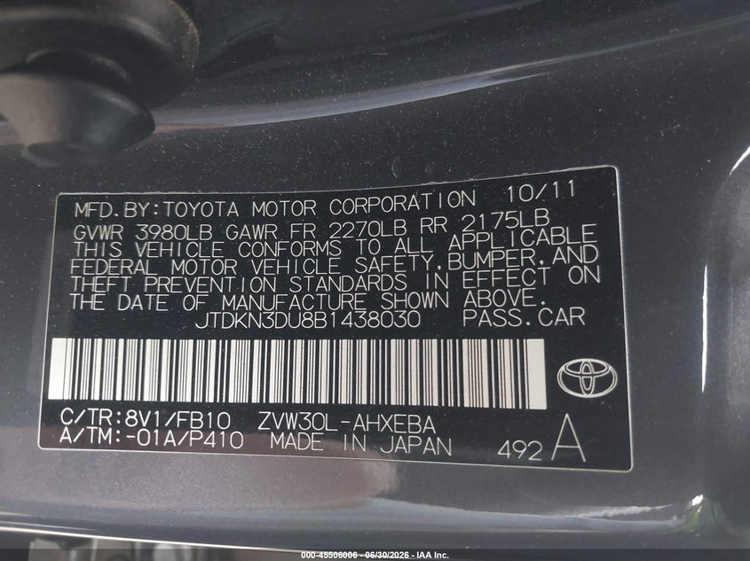 2011 TOYOTA PRIUS HATCHBACK 1.8L I-4 DOHC, VVT, 98HP