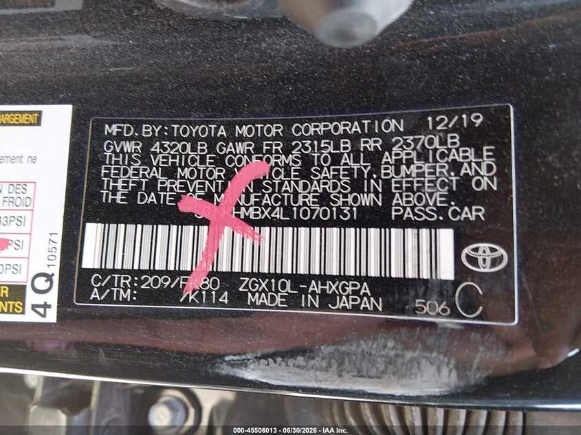 2020 Toyota C-Hr Xle VIN: JTNKHMBX4L1070131 Lot: 45506013