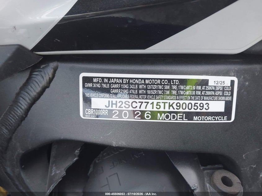 2026 Honda Cbr1000 Rr VIN: JH2SC7715TK900593 Lot: 45506053
