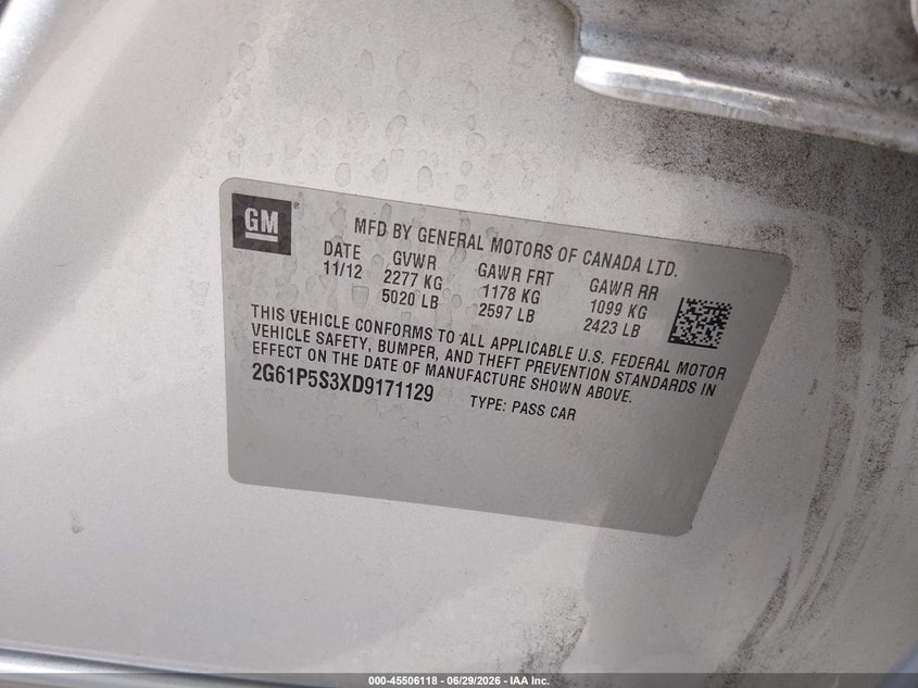 2013 Cadillac Xts Luxury VIN: 2G61P5S3XD9171129 Lot: 45506118