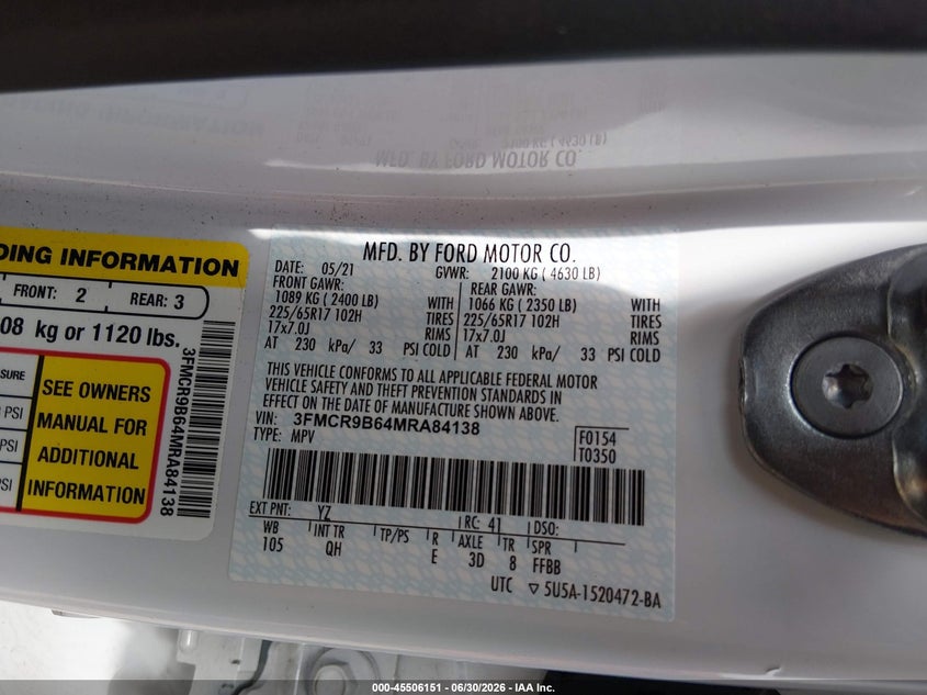 2021 Ford Bronco Sport Big Bend VIN: 3FMCR9B64MRA84138 Lot: 45506151