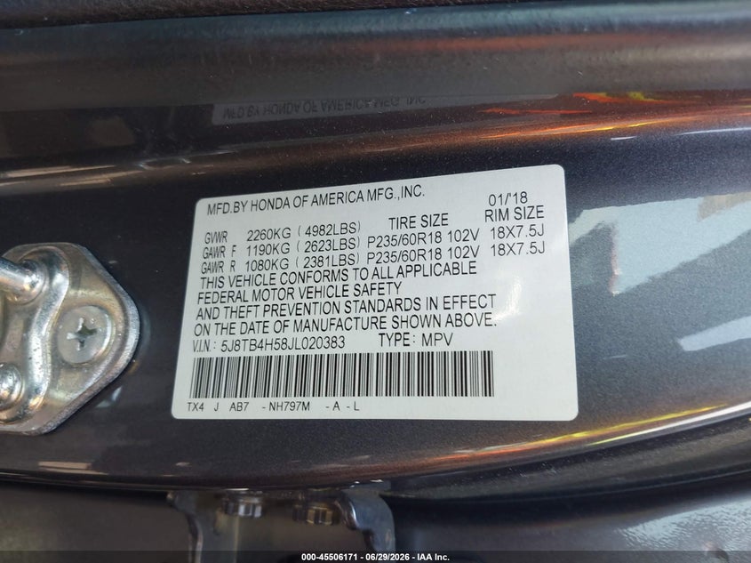 2018 Acura Rdx Technology Acurawatch Plus Packages/Technology Package VIN: 5J8TB4H58JL020383 Lot: 45506171