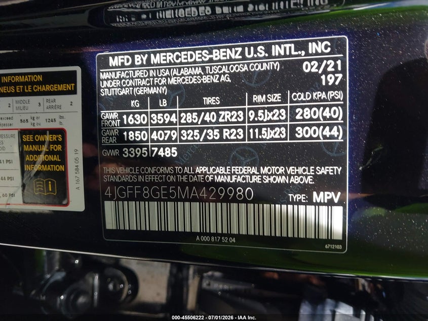 2021 Mercedes-Benz Gls 580 4Matic VIN: 4JGFF8GE5MA429980 Lot: 45506222