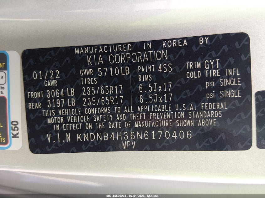2022 Kia Carnival Mpv Lx Seat Package VIN: KNDNB4H36N6170406 Lot: 45506231