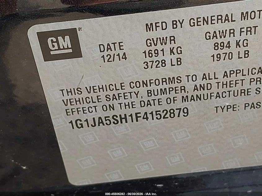 2015 CHEVROLET SONIC SEDAN 1.8L I-4 DOHC, VVT, 138HP