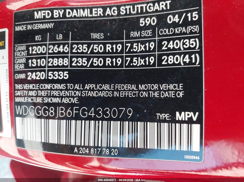 2015 Mercedes-Benz Glk 350 4Matic VIN: WDCGG8JB6FG433079 Lot: 45506311
