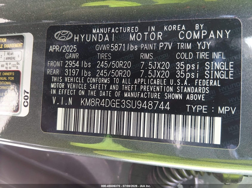 2025 Hyundai Palisade Sel Premium 8P VIN: KM8R4DGE3SU948744 Lot: 45506370