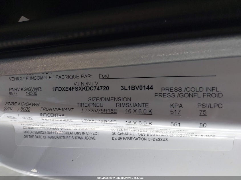 2019 Ford E-450 Cutaway VIN: 1FDXE4FSXKDC74720 Lot: 45506382